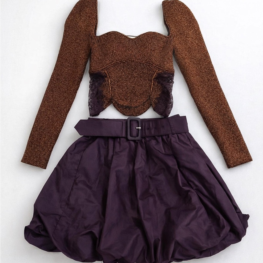 Self-Portrait rust knit lace top + black taffeta shorts